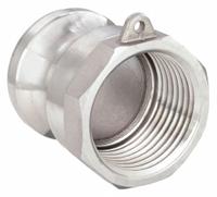 Cam and Groove Adapter: 4 in Coupling Size, 4 in -8 Thread Size, 2 23/32 in Overall Lg, FNPT (MPN BULK-CGF-273). Key specifications — Thread Size: 4 in -8; Fitting Type: FNPT; Includes Locking Arm: No; Body Material: 304 Stainless Steel; Brand: USA INDUSTRIALS.