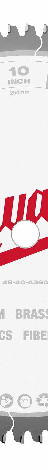 MILWAUKEE Circular Saw Blade: 10 in Blade Dia., 72 Teeth, 0.11 in Cut Wd, 5/8 in Arbor Size, Carbide (MPN 48-40-4360). Key specifications — attr1116119: MILWAUKEE; attr1145631: Aluminum.
