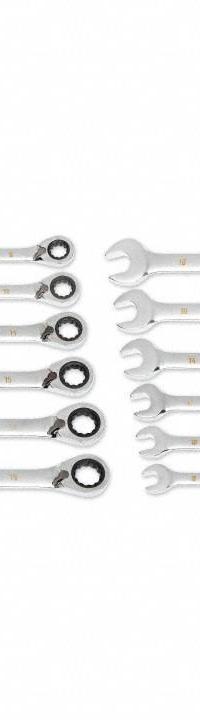 GEARWRENCH Combination Ratcheting Wrench Set: Alloy Steel, Full Polish Chrome, Std, Reversing (MPN 86627). Key specifications — attr309581: Full Polish Chrome; attr309580: Alloy Steel; attr309571: Yes; attr309583: No; attr309587: Yes; attr324931: GEARWRENCH; attr309569: 8 mm to 19 mm.