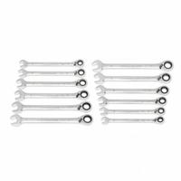 GEARWRENCH Combination Ratcheting Wrench Set: Alloy Steel, Full Polish Chrome, Std, Reversing (MPN 86627). Key specifications — attr309581: Full Polish Chrome; attr309580: Alloy Steel; attr309571: Yes; attr309583: No; attr309587: Yes; attr324931: GEARWRENCH; attr309569: 8 mm to 19 mm.