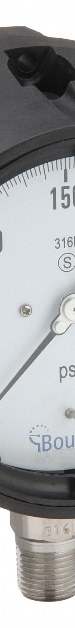 BOURDON Panel-Mount Pressure Gauge: 0 psi to 300 psi, White, 4 1/2 in Dial, 1/2 in NPT Male, Bottom (MPN MPG6-A60.H25). Key specifications — Brand: BOURDON; Pointer Color: Black; Accuracy: ±0.5%; Dial Color: White; Gauge Wetted Parts: Stainless Steel; Case Material: Plastic; Vibration Resistance Properties: None; Pressure Range: 0 psi to 300 psi.