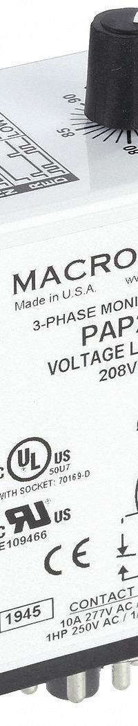 MACROMATIC Phase Monitor Relay: Socket Mounted, 10 A Current Rating, 208V AC, 8 Pins/Terminals (MPN PAP208). Key specifications — Monitored Parameters: Phase Loss; Manufacturer Part Number: PAP208; Brand: MACROMATIC.