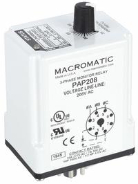 MACROMATIC Phase Monitor Relay: Socket Mounted, 10 A Current Rating, 208V AC, 8 Pins/Terminals (MPN PAP208). Key specifications — Monitored Parameters: Phase Loss; Manufacturer Part Number: PAP208; Brand: MACROMATIC.