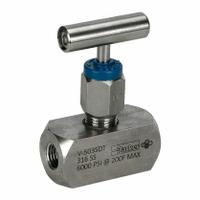 PARKER Needle Valve: Inline Valve Body, 316 Stainless Steel, 1/4 in Pipe Size, FNPT x FNPT, Female (MPN V-503SDT). Key specifications — Standards: ASTM A 105; Brand: PARKER; Connection Gender - Side 2: Female; Connection Gender - Side 1: Female; Connection Type - Side 1: NPT; Connection Type - Side 2: NPT; Connection Type: FNPT x FNPT.