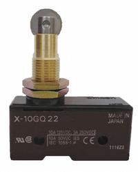OMRON Snap Action Switch: Roller Plunger Actuator, 1NO/1NC, Solder (MPN X-10GQ22). Key specifications — AC Contact Rating: 2 A @250 V; Electrical Connection: Solder; Series: X; Brand: OMRON.