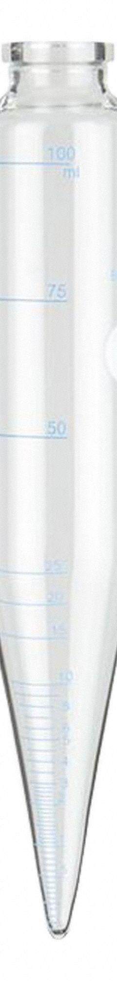 GLOBE SCIENTIFIC Centrifuge Tube: 100 mL, Centrifuge Tube, 36 mm Body Dia, 200 mm Overall Ht (MPN 8600108). Key specifications — Graduated: Yes; Includes Closure: No; Body Color: Colorless; Brand: GLOBE SCIENTIFIC; Bottom Shape: Conical.