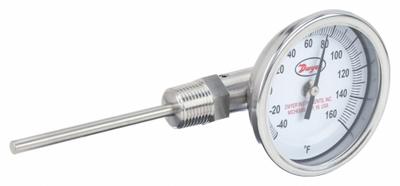 Dwyer Dial Thermometer: -40°F to 160°F, ±2%Full Scale Accuracy, 4 in Stem Lg - Side- & Bottom-Mount Fixed-Angle Thread-Mount Dial Thermometers