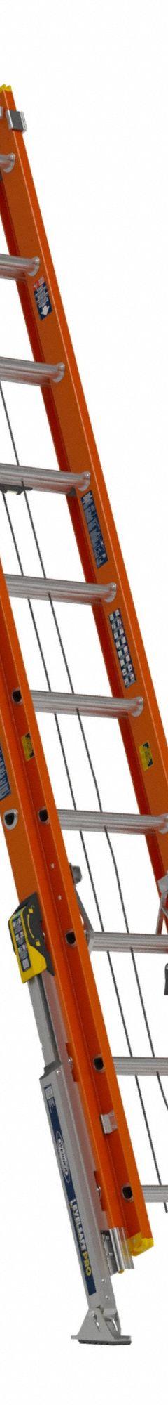 WERNER Extension Ladder: 20 ft Ladder Size, Fiberglass, 300 lb Load Capacity, 65 lb Wt, 2 Sections (MPN D6220-2VL). Key specifications — Color: Orange; Brand: WERNER; Included Features: V-Rung; Removable Fly: Removable.