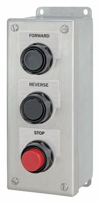 SIEMENS Control Station: (3) Flush Push Buttons, 0 Pilot Lights, 3NO/3NC, Forward/Reverse/Stop (MPN 52C301S). Key specifications — Brand: SIEMENS; Operator Legend: Forward/Reverse/Stop; Operator Color: Red; Operator Configuration: (3) Flush Push Buttons; Operator Configuration Type: (3) Push Buttons.