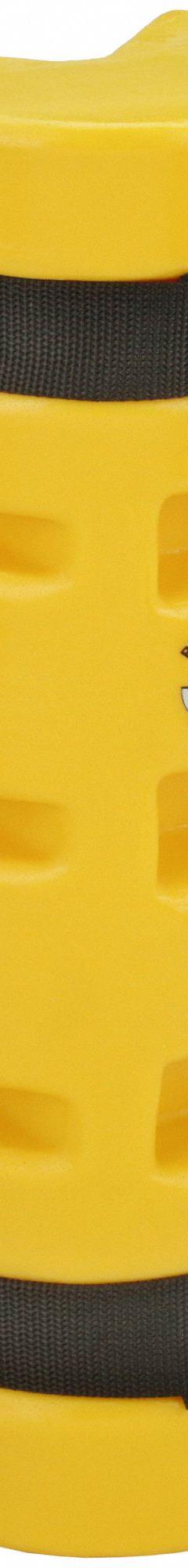 RACK SENTRY Pallet Rack Guard: Strap-On, On Upright, 3 in x 5 1/4 in x 18 in, Thermoplastic, Yellow (MPN RS75END). Key specifications — Brand: RACK SENTRY; Mounting Location: On Upright; Includes: (2) Straps; Color: Yellow; Material: Thermoplastic.
