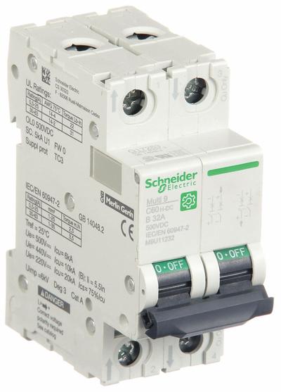 SCHNEIDER Supplementary Protector: 6 A Amps, 500V DC, 5kA at 250V DC, Screw Clamp - DC-Only Rated, 2-Pole UL1077 DIN Rail-Mount Supplementary Protectors