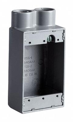 HUBBELL KILLARK Device Box: Aluminum, Rectangular, 1 Gangs, 3/4 in Hub Size, 18 cu in Capacity, Gray (MPN FSS-2). Key specifications — Color: Gray; Brand: HUBBELL KILLARK.