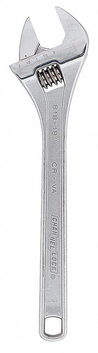 CHANNELLOCK Adjustable Wrench: Alloy Steel, Chrome, 18 in Overall Lg, 2 1/8 in Jaw Capacity (MPN 818). Key specifications — attr309359: Chrome; attr324924: CHANNELLOCK; attr309358: Alloy Steel.
