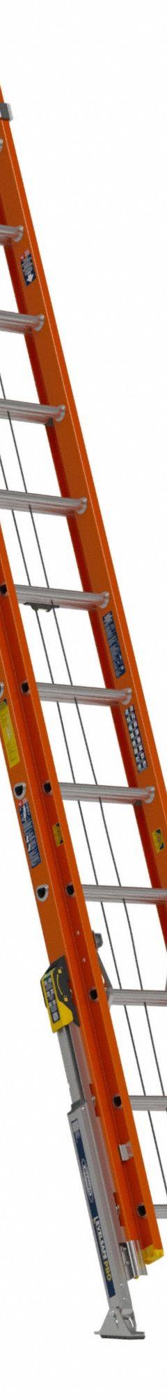 WERNER Extension Ladder: 24 ft Ladder Size, Fiberglass, 300 lb Load Capacity, 67 lb Wt, 2 Sections (MPN D6224-2L). Key specifications — Color: Orange; Brand: WERNER; Included Features: Bubble Level; Removable Fly: Removable.