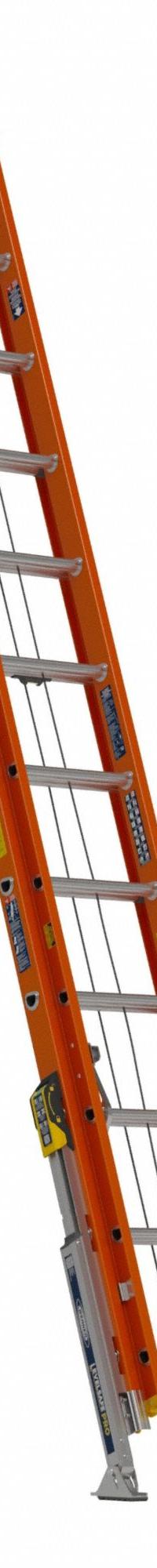 WERNER Extension Ladder: 24 ft Ladder Size, Fiberglass, 300 lb Load Capacity, 67 lb Wt, 2 Sections (MPN D6224-2L). Key specifications — Color: Orange; Brand: WERNER; Included Features: Bubble Level; Removable Fly: Removable.