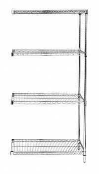 APPROVED VENDOR Wire Shelving Unit: Add-On, 36 in x 24 in, 54 in Overall Ht, 4 Shelves, Split Sleeve (MPN 45VY35). Key specifications — Recommended Environments: Dry; Color: Silver; Finish: Chrome; Material: Steel; Brand: APPROVED VENDOR.