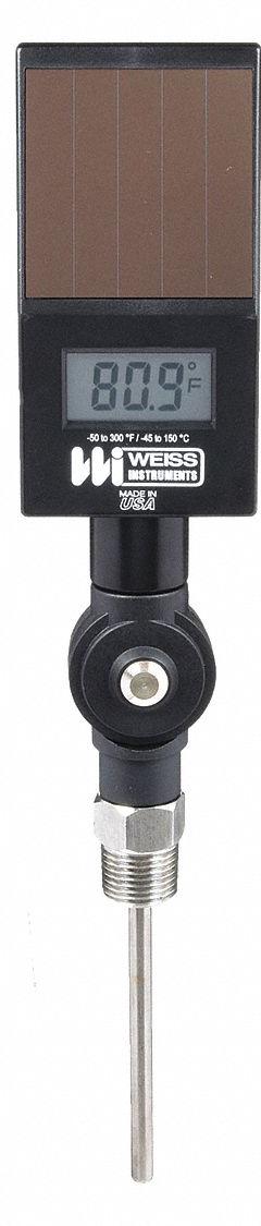 WEISS Thread-Mounted Digital Thermometer: 6 in Stem Lg, -50°F to 300°F /-45°C to 150°C, NPT (MPN DVBMT6). Key specifications — Thread Type: NPT; Brand: WEISS; Accuracy: ±1 % or ±1 °F, Whichever is Greater.