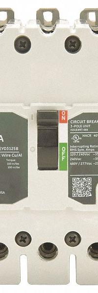 GE Molded Case Circuit Breaker: 125 A Amps, 25kA at 277/480V AC, Fixed, Lug, ABC, Std (MPN TEYD3125B). Key specifications — Series: TEY; Max. AIR Rating: 25kA at 277/480V AC; Instantaneous Trip: Fixed; Terminal Connection: Lug; Phase Connection: ABC.