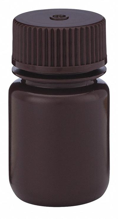 GLOBE SCIENTIFIC Sampling Bottle: HDPE, 30 mL, 1 fl oz, Closure Included, Amber, 28-415 mm - HDPE Wide Mouth Round Lab Bottles