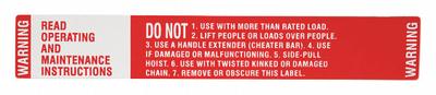 COFFING Warning Label: Lever Chain Hoists, 12,000 lb Compatible Load Capacity, RA-15/RA-20 - Warning Labels for Hoists