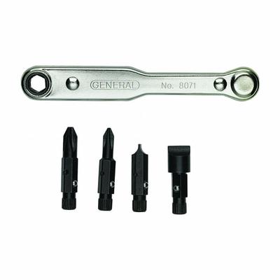 GENERAL Multi-Bit Screwdriver Set: 10 or Less Tips, 5 Pieces, 4 Bits, Offset, Single End - Ratcheting Offset Multi-Bit Screwdriver Kits