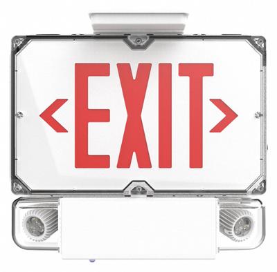 DUAL-LITE Exit Sign with Emergency Lights: White, LED, Red, 1 Faces, Ceiling - Aluminum Exit Signs with Round Bottom-Mount Light Heads