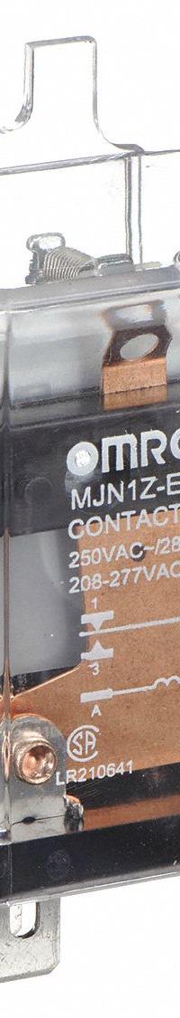 OMRON Flange Mount Relay: Surface (Side Flange) Mounted, 30 A Current Rating, 24V DC, SPDT (MPN MJN1Z-E-RP-DC24). Key specifications — Brand: OMRON; Base Type: Square; Mounting Style: Side Flange; Electrical Connection: Quick-Connect Terminal; Manufacturer Part Number: MJN1Z-E-RP-DC24; Operating Current: 15 A at 600V AC (Resistive Load); Series: MJN Series.