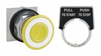SCHNEIDER Mushroom Head Push Button: 30 mm Mounting Size, Metallic, Maintained (MPN 9001KR9Y). Key specifications — Brand: SCHNEIDER; Action: Maintained; Legend: Pull To Start; Series: 9001K; Push Button Material Type: Metallic.