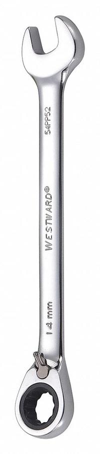 WESTWARD Combination Wrench: Alloy Steel, Chrome, 14 mm Head Size, 7 1/2 in Overall Lg, Offset (MPN 54PP52). Key specifications — attr309600: 14 mm; attr309611: Chrome; attr309610: Alloy Steel; attr309604: Yes; attr309612: No; attr309613: No; attr309615: No; attr324932: WESTWARD.