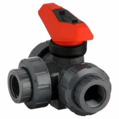 GF PIPING SYSTEMS Manual Three-Way Ball Valve: 3/4 in, PVC, L Flow, FNPT x FNPT x FNPT, Two-Piece (MPN 161543103). Key specifications — Brand: GF PIPING SYSTEMS; Handle: Locking Lever.