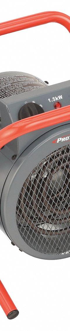 PRO-TEMP Portable Electric Jobsite & Garage Heater: 1.5kW Watt Output, 5-15P, 120V AC, 1 Phase (MPN PT-515-120). Key specifications — NEMA Plug Configuration: 5-15P; Includes: 6 ft Cord; Phase: 1; Wattage Output: 1.5kW; Voltage: 120V AC; Thermal Overheat Protection: Automatic Reset; Brand: PRO-TEMP; Overall Dimensions - H x W x D: 14 in x 12 in x 12 in.
