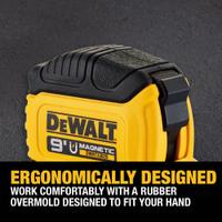 DEWALT Tape Measure: Nonmagnetic Single Hook Tip, 9 ft / 2.7 m, Plastic, Yellow (MPN DWHT33029T). Key specifications — attr935324: DEWALT; attr942259: Yellow; attr935326: Magnetic Mount; attr935328: 1/16 in; attr935329: Feet; attr935337: SAE; attr936607: Manual Lock; attr985315: 5 m or less.
