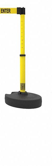 Belt Barrier System: 42 in Post Ht, 15 ft Belt Lg, Yellow, 5 No. of Posts, Message, Fillable Base (MPN PL4078T). Key specifications — Brand: BANNER STAKES; Base Shape: Round Flat; Belt Color: Yellow; Message: Caution Do Not Enter; Post Color: Yellow; Includes: (5) Bases; Belt Type: Message.