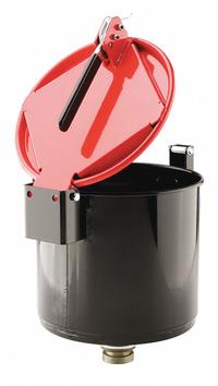 PIG Drum Funnel: Latching/Lockable, Black / Red, No Flame Arrester, 11 1/4 in x 13 in, 2 in NPT (MPN DRM1211-RD). Key specifications — Brand: PIG; Funnel Material: Steel; For Use With: 30 gal Steel or Poly Drums; Color: Red; Lid Type: Latching; Flame Arrester Ht: No Flame Arrester; Lid Type (sublevel): Lidded.