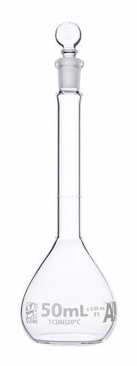 GLOBE SCIENTIFIC Volumetric Flask: 50 mL, Colorless, A, 0.05 mL, Includes Closure, 140 mm Overall Ht (MPN 8200050). Key specifications — Tolerance: 0.05 mL; Body Color: Colorless; Brand: GLOBE SCIENTIFIC; Compatible with Stopper Size: 9; USP Specification: Type I.