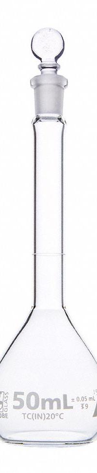 GLOBE SCIENTIFIC Volumetric Flask: 50 mL, Colorless, A, 0.05 mL, Includes Closure, 140 mm Overall Ht (MPN 8200050). Key specifications — Tolerance: 0.05 mL; Body Color: Colorless; Brand: GLOBE SCIENTIFIC; Compatible with Stopper Size: 9; USP Specification: Type I.