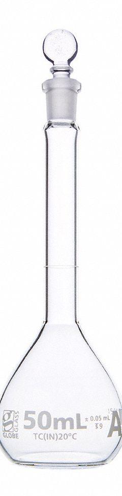 GLOBE SCIENTIFIC Volumetric Flask: 50 mL, Colorless, A, 0.05 mL, Includes Closure, 140 mm Overall Ht (MPN 8200050). Key specifications — Tolerance: 0.05 mL; Body Color: Colorless; Brand: GLOBE SCIENTIFIC; Compatible with Stopper Size: 9; USP Specification: Type I.