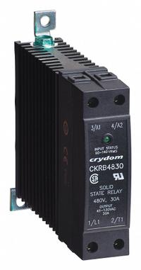 CRYDOM Solid State Relay: DIN-Rail Mounted, 30 A Max Output Current, SCR, AC Output (MPN CKRA4830). Key specifications — Brand: CRYDOM; Current Type: AC; Electrical Connection: Screw Clamp; Finger Safe: Yes; Input Current: 5 mA; Maximum Output Current without Heat Sink: 30 A; Mounting Style: DIN Rail; Output Voltage: 48 to 530V AC.