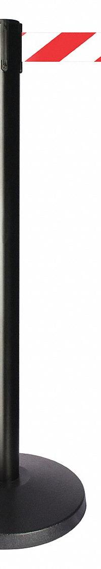 QUEUEWAY Barrier Post with Belt: Red, Chevron, No Legend, 10 ft Belt Lg, Black, 10 ft x 2 in (MPN QPLUS-33-D3). Key specifications — Base Material: ABS; Belt Color: Red; Brand: QUEUEWAY; Post Material: Metal Alloy; Post Color: Black; Message: No Legend.