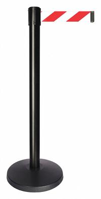 QUEUEWAY Barrier Post with Belt: Red, Chevron, No Legend, 10 ft Belt Lg, Black, 10 ft x 2 in (MPN QPLUS-33-D3). Key specifications — Base Material: ABS; Belt Color: Red; Brand: QUEUEWAY; Post Material: Metal Alloy; Post Color: Black; Message: No Legend.