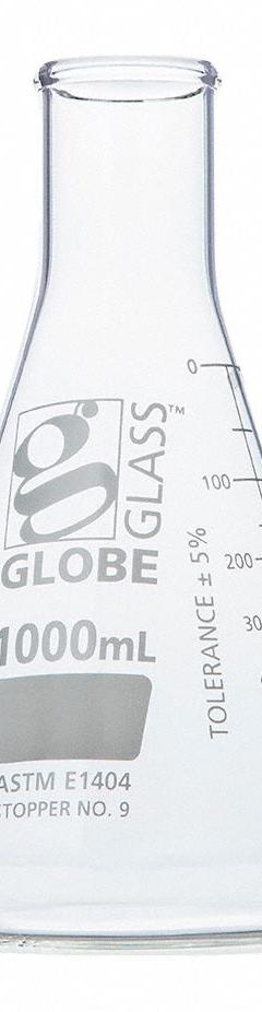 GLOBE SCIENTIFIC Erlenmeyer Flask: 1 L, Colorless, Conical, A, 9 Compatible with Stopper Size (MPN 8401000). Key specifications — Shape: Conical; Body Color: Colorless; Brand: GLOBE SCIENTIFIC; Compatible with Stopper Size: 9; USP Specification: Type I.