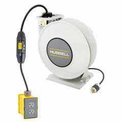 HUBBELL WIRING DEVICE-KELLEMS Extension Cord Reel: Ratchet Lock, 35 ft Cord Lg, 12 AWG, SJO, 5-20P (MPN HBLI35123GF220). Key specifications — Retractable Cord Ending NEMA Configuration: 5-20R; Feeder Cord Ending NEMA Configuration: 5-20P; Brand: HUBBELL WIRING DEVICE-KELLEMS.