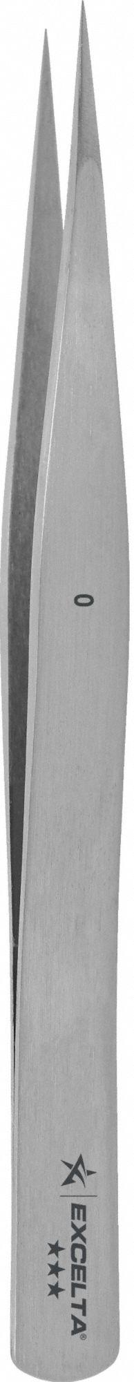 EXCELTA Tweezers: Carbon Steel, Point, Straight Tip, 0.004 in Tip Thick. Key specifications — attr1002355: Carbon Steel; attr1002345: EXCELTA; attr1002348: Carbon Steel; attr1002358: Smooth; attr1002361: 0.