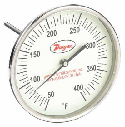 Dwyer Glow-in-the-Dark Dial Thermometer: 50°F to 400°F, +/- 1% Accuracy, 5 in Dial Dia - Adjustable-Angle Glow-in-the-Dark Thread-Mount Dial Thermometers