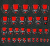 PROTO Foam Insert: Black/Red, 23 in Overall Wd, 16 in Overall Lg, 30 Compartments, Polyethylene Foam (MPN J49002FV). Key specifications — Material: Polyethylene Foam; Brand: PROTO; Color: Red; For Tool Type: Sockets; Compatible Manufacturer Model Number: J49002CF; Product Type: Foam Insert.