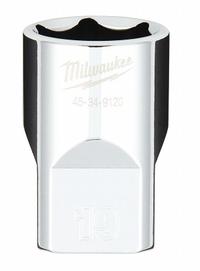 MILWAUKEE Standard Socket: Metric, 1/2 in Drive Size, 19 mm Socket Size, 6-Point, Std, Chrome (MPN 45-34-9120). Key specifications — attr1204417: MILWAUKEE; attr1204392: Chrome.
