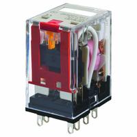 OMRON Plastic Sealed Relays: Socket Mounted, 1 A Current Rating, 24V DC, 4PDT, 14 Pins/Terminals (MPN MYQ4ZN DC24). Key specifications — Brand: OMRON; Base Type: Square; Mounting Style: Socket; Pin Shape: Flat; Electrical Connection: Plug-In; Manufacturer Part Number: MYQ4ZN DC24; Operating Current: 1 A at 220V AC (Resistive Load); Series: MY Series.