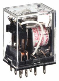 OMRON General Purpose Relay: Socket Mounted, 5 A Current Rating, 240V AC, 3PDT, 11 Pins/Terminals (MPN MY3N-AC220/240). Key specifications — Brand: OMRON; Base Type: Square; Mounting Style: Plug-In; Pin Shape: Flat; Electrical Connection: Quick-Connect; Manufacturer Part Number: MY3N-AC220/240; Operating Current: 2 A at 24V DC (Inductive Load); Series: MY Series.