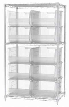 AKRO-MILS Bin Shelving: 36 in x 24 in x 74 in, 1 Sided, 10 Bins, Open, Giant Hopper Bin, Clear (MPN AWS24361288SC). Key specifications — Includes Bins: Yes; Bin Material: Polymer; Frame Color: Silver; Bin HxWxD: (10) 11 in x 16-1/2 in x 23-7/8 in; Frame Material: Steel; Bin Color: Clear; Brand: AKRO-MILS.