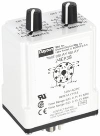 DAYTON Single Function Time Delay Relay: Socket Mounted, 120V AC/DC, 10 A, 8 Pins/Terminals (MPN 24EP38). Key specifications — Brand: DAYTON.